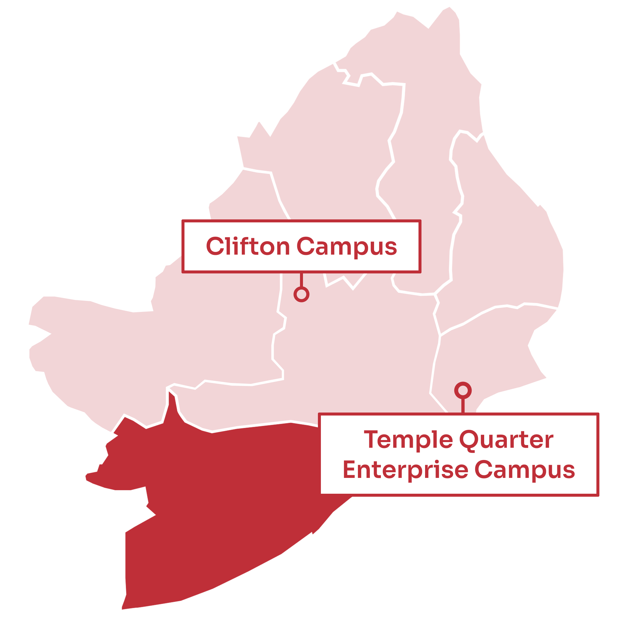A map of Bristol with the Bedminster and Southville areas highlighted to the south west. Clifton Campus is to the north of the highlighted area. Temple Quarter Enterprise Campus is to the east.